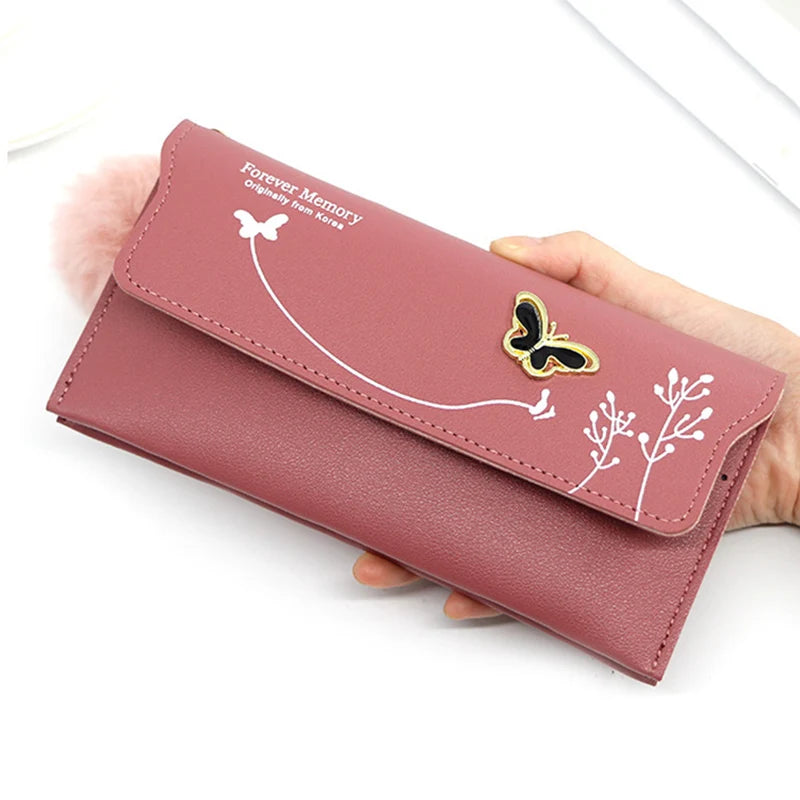 レディース ファー付き 長財布 PUレザー バタフライ カードホルダー 無地 ファーボール