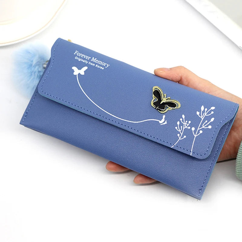 レディース ファー付き 長財布 PUレザー バタフライ カードホルダー 無地 ファーボール