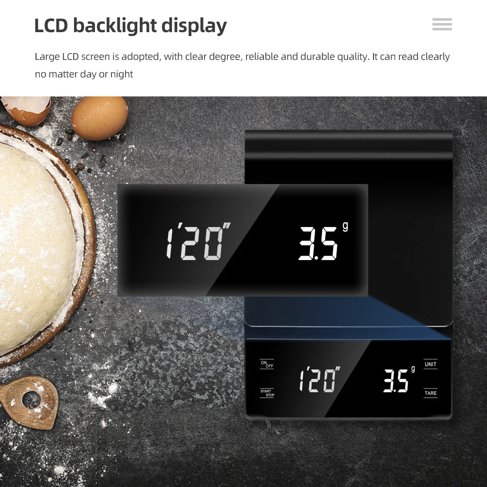 コーヒースケール タイマー付き 3kg/0.1g - デジタル計量器 ドリップコーヒー エスプレッソ用 LCD表示