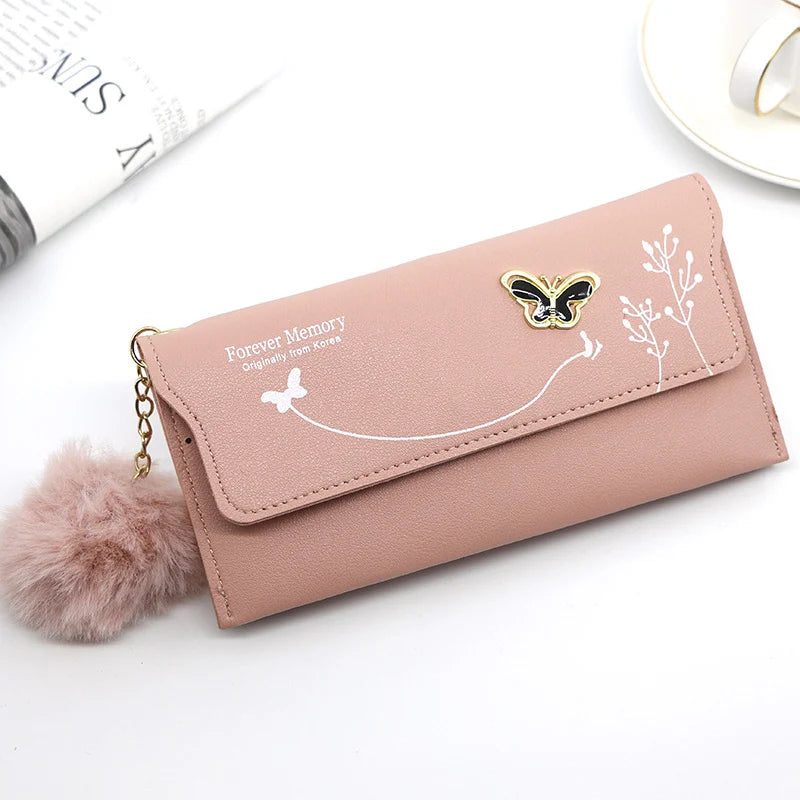 レディース ファー付き 長財布 PUレザー バタフライ カードホルダー 無地 ファーボール
