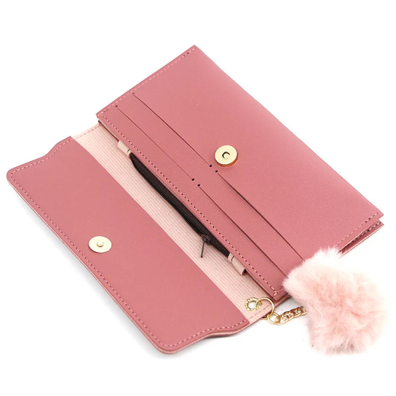 レディース ファー付き 長財布 PUレザー バタフライ カードホルダー 無地 ファーボール