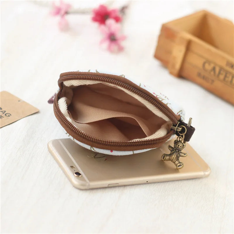 レディース キャンバス カートゥーンプリント キーチェーン ミニ財布 カード入れ コインケース