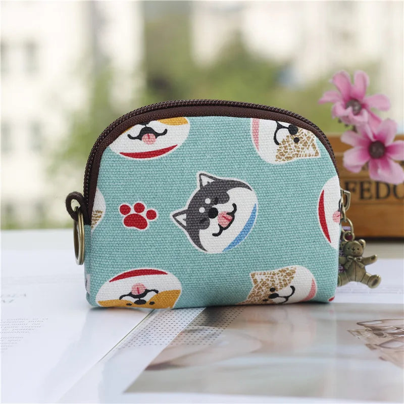 レディース キャンバス カートゥーンプリント キーチェーン ミニ財布 カード入れ コインケース