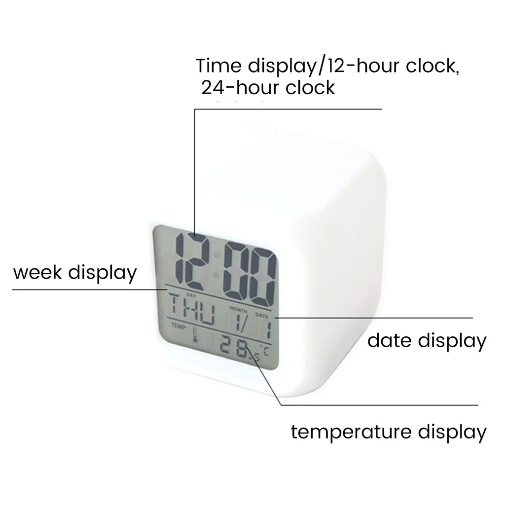 LEDデジタル目覚まし時計 ミニデスクキューブ カラフルライト カレンダー 温度表示 多機能