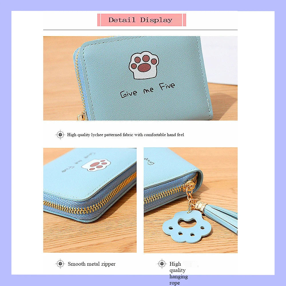 レディース ミニ財布 カートゥーン猫 肉球プリント タッセル付き ジッパー カードケース