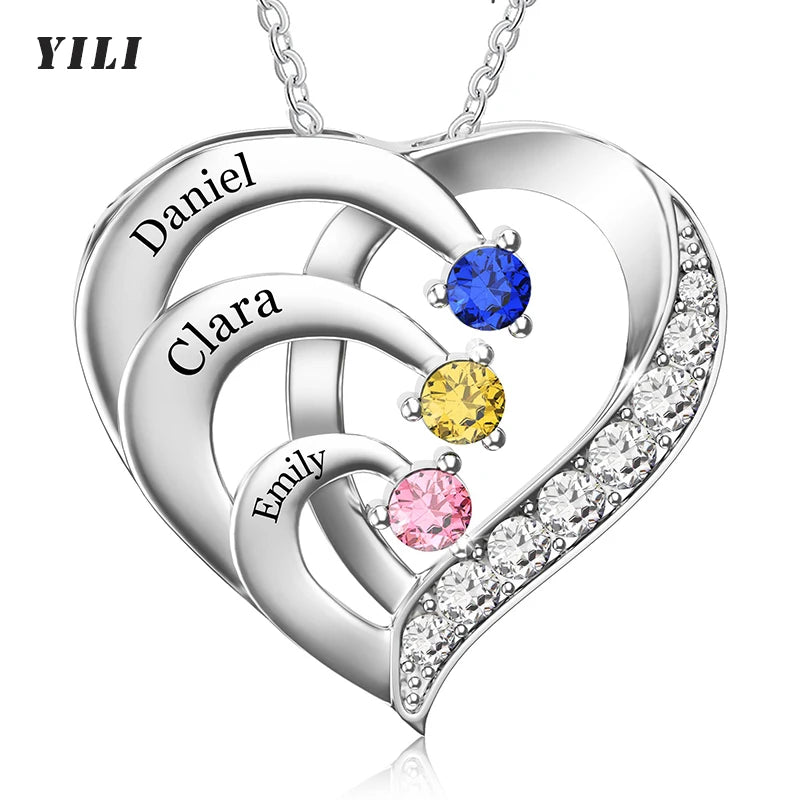 パーソナライズ ネームネックレス 誕生石付き ハートペンダント 名前刻印 カスタムネックレス クリスマスギフト