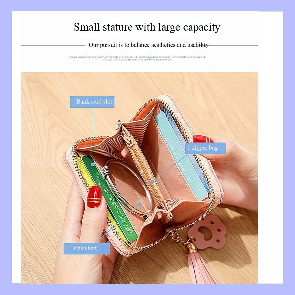 レディース ミニ財布 カートゥーン猫 肉球プリント タッセル付き ジッパー カードケース