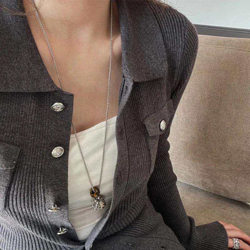 タイガーアイストーン 不規則ペンダント ロングネックレス レディース