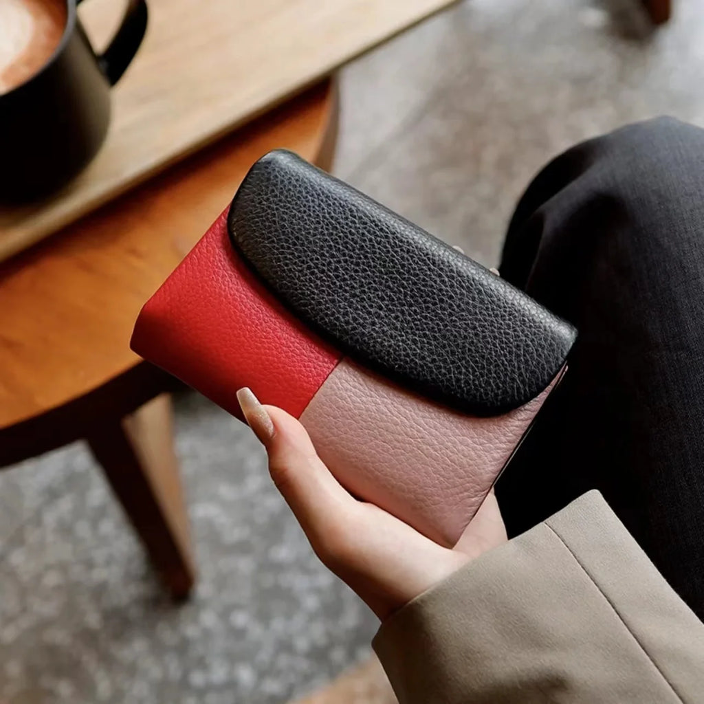 レディース 三つ折り財布 本革 カウレザー トリコロール カードホルダー ジッパー 写真窓付き