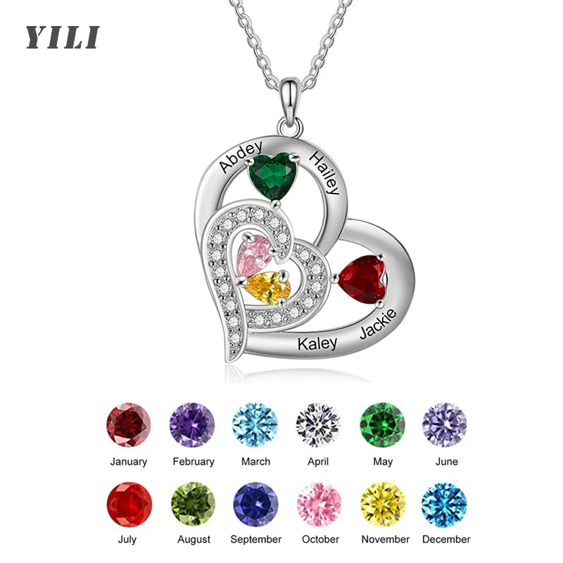 パーソナライズ ネームネックレス 誕生石付き ハートペンダント 名前刻印 カスタムネックレス クリスマスギフト